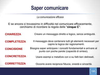 Saper comunicare
                        La comunicazione efficace

 E se ancora ci trovassimo in difficoltà nel comunicare efficacemente,
          cerchiamo di ricordare la regola delle "cinque C":

CHIAREZZA             Creare un messaggio diretto e logico, senza ambiguità.


COMPLETEZZA          Il messaggio deve contenere tutti gli elementi necessari per
                                  capire la logica dei ragionamenti.
CONCISIONE        Bisogna saper anticipare i concetti fondamentali e arrivare al
                         punto con poche parole (capacità di sintesi).

CONCRETEZZA            Usare esempi e metafore con e su fatti ben delineati.

CORRETTEZZA            Occorre avere reciproca fiducia, onestà e sincerità.

                                                                          195
 