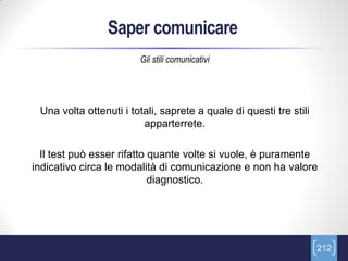 Saper comunicare
                        Gli stili comunicativi




 Una volta ottenuti i totali, saprete a quale di questi tre stili
                         apparterrete.

  Il test può esser rifatto quante volte si vuole, è puramente
indicativo circa le modalità di comunicazione e non ha valore
                            diagnostico.




                                                                    212
 