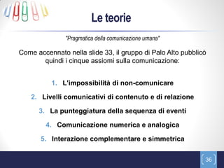 Le teorie
               "Pragmatica della comunicazione umana"

Come accennato nella slide 33, il gruppo di Palo Alto pubblicò
       quindi i cinque assiomi sulla comunicazione:


          1. L'impossibilità di non-comunicare

    2. Livelli comunicativi di contenuto e di relazione

      3. La punteggiatura della sequenza di eventi

        4. Comunicazione numerica e analogica

       5. Interazione complementare e simmetrica

                                                             36
 