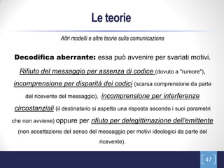Le teorie
                   Altri modelli e altre teorie sulla comunicazione


Decodifica aberrante: essa può avvenire per svariati motivi.

  Rifiuto del messaggio per assenza di codice (dovuto a "rumore"),
incomprensione per disparità dei codici (scarsa comprensione da parte
     del ricevente del messaggio),   incomprensione per interferenze
circostanziali (il destinatario si aspetta una risposta secondo i suoi parametri
che non avviene) oppure    per rifiuto per delegittimazione dell'emittente
  (non accettazione del senso del messaggio per motivi ideologici da parte del
                                     ricevente).


                                                                             47
 