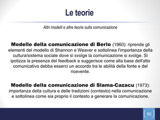 Le teorie
                 Altri modelli e altre teorie sulla comunicazione


 Modello della comunicazione di Berlo (1960): riprende gli
elementi del modello di Shannon e Weaver e sottolinea l'importanza della
   cultura/sistema sociale dove si svolge la comunicazione si svolge. Si
 ipotizza la presenza del feedback e suggerisce come alla base dell'atto
   comunicativo debba esserci un accordo tra le abilità della fonte e del
                                ricevente.


 Modello della comunicazione di Slama-Cazacu (1973):
importanza della cultura e delle tradizioni (contesto) nella comunicazione
 e sottolinea come sia proprio il contesto a generare la comunicazione.


                                                                       50
 