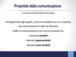 Proprietà della comunicazione
               La struttura manifesta della comunicazione



Analogamente agli aspetti, anche le modalità con cui si esprime
           una comunicazione è data tre elementi.

      Infatti, la comunicazione è di norma composta da:

                       - elementi verbali;

                   - elementi paraverbali;

                   - elementi non verbali.


                                                             70
 