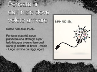 Pensate ﬁn
dall’inizio dove
volete arrivare
Siamo nella fase PLAN.
Per tutte le attività serve
pianiﬁcare una strategia e per
farlo bisogna avere chiaro quali
siano gli obiettivi di breve - medio
- lungo termine da raggiungere
 