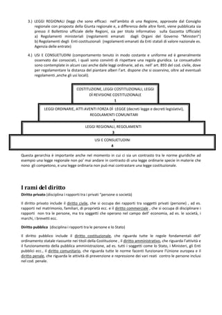 3.) LEGGI REGIONALI (leggi che sono efficaci nell’ambito di una Regione, approvate dal Consiglio
        regionale con proposta della Giunta regionale e, a differenza delle altre fonti, viene pubblicata sia
        presso il Bollettino ufficiale delle Regioni, sia per titolo informativo sulla Gazzetta Ufficiale)
        a) Regolamenti ministeriali (regolamenti emanati dagli Organi del Governo “Ministeri”)
        b) Regolamenti degli Enti costituzionali (regolamenti emanati da Enti statali di valore nazionale es.
        Agenzia delle entrate)

    4.) USI E CONSUETUDINI (comportamento tenuto in modo costante e uniforme ed è generalmente
        osservato dai consociati, i quali sono convinti di rispettare una regola giuridica. Le consuetudini
        sono contemplate in alcuni casi anche dalle leggi ordinarie, ad es. nell’ art. 893 del cod. civile, dove
        per regolamentare la distanza del piantare alberi l’art. dispone che si osservino, oltre ad eventuali
        regolamenti ,anche gli usi locali).


                                    COSTITUZIONE, LEGGI COSTITUZIONALI, LEGGI
                                          DÌ REVISIONE COSTITUZIONALE
                                                        1

              LEGGI ORDINARIE, ATTI AVENTI FORZA DÌ LEGGE (decreti legge e decreti legislativi),
                                       REGOLAMENTI COMUNITARI
                                                   2
                                     LEGGI REGIONALI, REGOLAMENTI
                                                  3
                                               USI E CONSUETUDINI
                                                        4

Questa gerarchia è importante anche nel momento in cui ci sia un contrasto tra le norme giuridiche ad
esempio una legge regionale non po’ mai andare in contrasto di una legge ordinarie specie in materie che
nono gli competono, e una legge ordinaria non può mai contrastare una legge costituzionale.




I rami del diritto
Diritto privato (disciplina i rapporti tra i privati “persone o società)

Il diritto privato include il diritto civile, che si occupa dei rapporti tra soggetti privati (persone) , ad es.
rapporti nel matrimonio, familiari, di proprietà ecc. e il diritto commerciale , che si occupa di disciplinare i
rapporti non tra le persone, ma tra soggetti che operano nel campo dell’ economia, ad es. le società, i
marchi, i brevetti ecc.

Diritto pubblico (disciplina i rapporti tra le persone e lo Stato)

Il diritto pubblico include il diritto costituzionale, che riguarda tutte le regole fondamentali dell’
ordinamento statale riassunte nei titoli della Costituzione , il diritto amministrativo, che riguarda l’attività e
il funzionamento della pubblica amministrazione, ad es. tutti i soggetti come lo Stato, i Ministeri, gli Enti
pubblici ecc., il diritto comunitario, che riguarda tutte le norme facenti funzionare l’Unione europea e il
diritto penale, che riguarda le attività di prevenzione e repressione dei vari reati contro le persone inclusi
nel cod. penale.
 