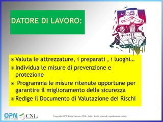  Valuta le attrezzature, i preparati , i luoghi…
 Individua le misure di prevenzione e
protezione
 Programma le misure ritenute opportune per
garantire il miglioramento della sicurezza
 Redige il Documento di Valutazione dei Rischi
 