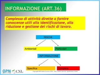 Complesso di attività dirette a fornire
conoscenze utili alla identificazione, alla
riduzione e gestione dei rischi di lavoro.
RISCHI
Ambientali Particolari
INFORMAZIONE
Specifica Completa
 
