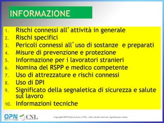1. Rischi connessi all’attività in generale
2. Rischi specifici
3. Pericoli connessi all’uso di sostanze e preparati
4. Misure di prevenzione e protezione
5. Informazione per i lavoratori stranieri
6. Nomina del RSPP e medico competente
7. Uso di attrezzature e rischi connessi
8. Uso di DPI
9. Significato della segnaletica di sicurezza e salute
sul lavoro
10. Informazioni tecniche
 