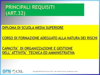DIPLOMA DI SCUOLA MEDIA SUPERIORE
CORSO DI FORMAZIONE ADEGUATO ALLA NATURA DEI RISCHI
CAPACITA’ DI ORGANIZZAZIONE E GESTIONE
DELL’ATTIVITA’ TECNICA ED AMMINISTRATIVA
 