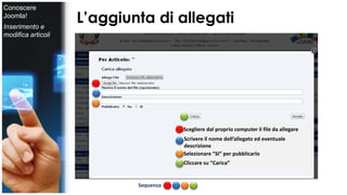 L’aggiunta di allegati 
Scegliere dal proprio computer il file da allegare 
Conoscere 
Joomla! 
Inserimento e 
modifica articoli 
Scrivere il nome dell’allegato ed eventuale 
descrizione 
Selezionare “SI” per pubblicarlo 
Cliccare su “Carica” 
Sequenza 
 