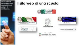 Il sito web di una scuola 
dominio gov.it 
Obiettivi di Accessibilità 
PUBBLICA 
AMMINISTRAZIONE 
Elenco Base Dati 
Siti scolastici e 
normativa attuale: 
caratteristiche e 
obblighi di 
pubblicazione 
 