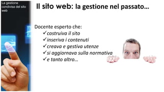 Il sito web: la gestione nel passato… 
Docente esperto che: 
costruiva il sito 
inseriva i contenuti 
creava e gestiva utenze 
si aggiornava sulla normativa 
e tanto altro… 
La gestione 
condivisa del sito 
web 
 
