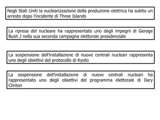 Negli Stati Uniti la nuclearizzazione della produzione elettrica ha subito un arresto dopo l’incidente di Three Islands La ripresa del nucleare ha rappresentato uno degli impegni di Geroge Bush J nella sua seconda campagna elettorale presidenziale  La sospensione dell’installazione di nuove centrali nucleari rappresenta uno degli obiettivi del protocollo di Kyoto  La sospensione dell’installazione di nuove centrali nucleari ha rappresentato uno degli obiettivi del programma elettorale di Ilary Clinton  