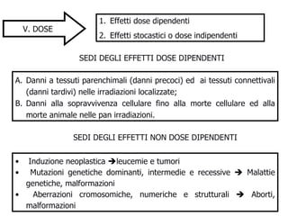 V. DOSE  Effetti dose dipendenti Effetti stocastici o dose indipendenti  SEDI DEGLI EFFETTI DOSE DIPENDENTI  Danni a tessuti parenchimali (danni precoci) ed  ai tessuti connettivali (danni tardivi) nelle irradiazioni localizzate; Danni alla sopravvivenza cellulare fino alla morte cellulare ed alla morte animale nelle pan irradiazioni. SEDI DEGLI EFFETTI NON DOSE DIPENDENTI  Induzione neoplastica   leucemie e tumori Mutazioni genetiche dominanti, intermedie e recessive    Malattie genetiche, malformazioni Aberrazioni cromosomiche, numeriche e strutturali    Aborti, malformazioni  