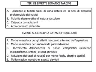 TIPI DI EFFETTI SOMATICI TARDIVI Leucemie e tumori solidi di varia natura ed in sedi di deposito preferenziale dei nuclidi  Malattie degenerative di natura vascolare Cataratta da radiazioni Accorciamento della vita  EVENTI SUCCESSIVI A CATASROFI NUCLEARI Morte immediata per gli effetti meccanici e termici dell’esplosione  Morte immediata per sindromi da panirradiazione Incremento dell’incidenza di tumori emopoietici (leucemie mieloblastiche, linfomi) e solidi (tiroide) Riduzione dei tassi di natalità per morte fetale, aborti e sterilità Malformazioni genetiche, spesso disvitali  