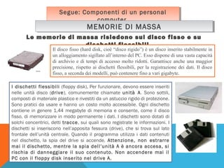 Segue: Componenti di un personal
Segue: Componenti di un personal
computer.
computer.

MEMORIE DI MASSA
MEMORIE DI MASSA

Le memorie di massa risiedono sul disco fisso e su
dischetti flessibili.

Il disco fisso (hard disk, cioè “disco rigido”) è un disco inserito stabilmente in
un alloggiamento sigillato all’interno del PC. Esso dispone di una vasta capacità
di archivio e di tempi di accesso molto ridotti. Garantisce anche una maggior
precisione, rispetto ai dischetti flessibili, per la registrazione dei dati. Il disco
fisso, a seconda dei modelli, può contenere fino a vari gigabyte.

I dischetti flessibili (floppy disk), Per funzionare, devono essere inseriti
nelle unità disco (drive), comunemente chiamate unità A. Sono sottili,
composti di materiale plastico e rivestiti da un astuccio rigido di protezione.
Sono pratici da usare e hanno un costo molto accessibile. Ogni dischetto
contiene in genere 1,44 megabyte di memoria e consente, come il disco
fisso, di memorizzare in modo permanente i dati. I dischetti sono dotati di
solchi concentrici, detti tracce, sui quali sono registrate le informazioni. I
dischetti si inseriscono nell’apposita fessura (drive), che si trova sul lato
frontale dell’unità centrale. Quando il programma utilizza i dati contenuti
nel dischetto, la spia del drive si accende. Attenzione, non estrarre
mai il dischetto, mentre la spia dell’unità A è ancora accesa, si
rischia di danneggiare il suo contenuto. Non accendere mai il
PC con il floppy disk inserito nel drive A.

 