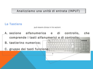 Analizziamo una unità di entrata (INPUT)
Analizziamo una unità di entrata (INPUT)

La Tastiera
può essere divisa in tre sezioni

A. sezione
alfanumerica
e
di
controllo,
comprende i tasti alfanumerici e di controllo;
B. tastierino numerico;
C. gruppo dei tasti funzione.

che

 