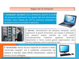 Segue tipi di Computer
Segue tipi di Computer

I computer portatili sono altrettanto potenti di quelli
da scrivania tradizionali ma, grazie alle loro dimensioni
limitate, sono l’ideale per chi ha continue necessità di
spostarsi senza rinunciare a lavorare.

I Server, diversamente dai personal computer, sono
apparecchi di grandi dimensioni, più costosi e sofisticati,
che possono essere utilizzati da molti utenti
simultaneamente
mediante
opportuni
terminali;
tipicamente vi fanno ricorso grandi organizzazioni che
devono elaborare enormi quantità di dati.

Il terminale senza alcuna capacità di calcolo è detto
“terminale stupido” ed è costituito unicamente da
tastiera e monitor. Esso affida interamente i calcoli al
server a cui è collegato.

 