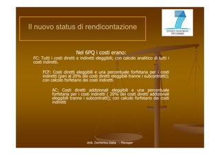 Il nuovo status di rendicontazione
          t t         di   t i


                          Nel 6PQ i costi erano:
 FC: Tutti i costi diretti e indiretti eleggibili; con calcolo analitico di tutti i
                                          gg ;
 costi indiretti.

      FCF: Costi diretti eleggibili e una percentuale forfetaria per i costi
      indiretti (pari al 20% dei costi diretti eleggibili tranne i subcontratti);
      con calcolo forfetario dei costi indiretti

            AC: Costi diretti addizionali eleggibili e una percentuale
            forfetaria per i costi indiretti ( 20% dei costi diretti addizionali
            eleggibili tranne i subcontratti); con calcolo forfetario dei costi
            indiretti




                                 dott. Domenico Dalia - Manager
 