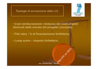 Tipologie di sovvenzione della U E
                                 U.E.



• Cost reimbursement: rimborso dei costi eligibili
diminuiti d ll
di i iti delle entrate del progetto (receipts);
                 t t d l        tt (     i t )

• Flat rates - % di finanziamento forfettaria;

• Lump sums – importo forfettario.




                     dott. Domenico Dalia - Manager
 