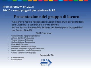 Premio FORUM PA 2017:
10x10 = cento progetti per cambiare la PA
• Alessandro Pepino Responsabile Sezione dei Servizi per gli studenti
con Disabilita’ e con DSA del Centro SiNAPSi
• Maura Striano Reponsabile Sezione dei Servizi per la Occupabilita’
del Centro SinAPSi
Staff Formatori
• Corinna Freda: Ingegnere Elettronico
• Alfonso Gentile: Pedagogista
• Tiziana Liccardo: Psicologa
• Stefano Maltese: Pedagogista
• Livia Nasti: Psicologa
• Alessandra Ricciardi: Psicologa
• Gennaro Sicignano: Ingegnere Elettronico
• Marco Tammaro: Tecnico Informatico
• Cristina Veneroso: Pedagogista
Personale TA
• Carlo Paribuono
• Lucio Tufano
Presentazione del gruppo di lavoro
 