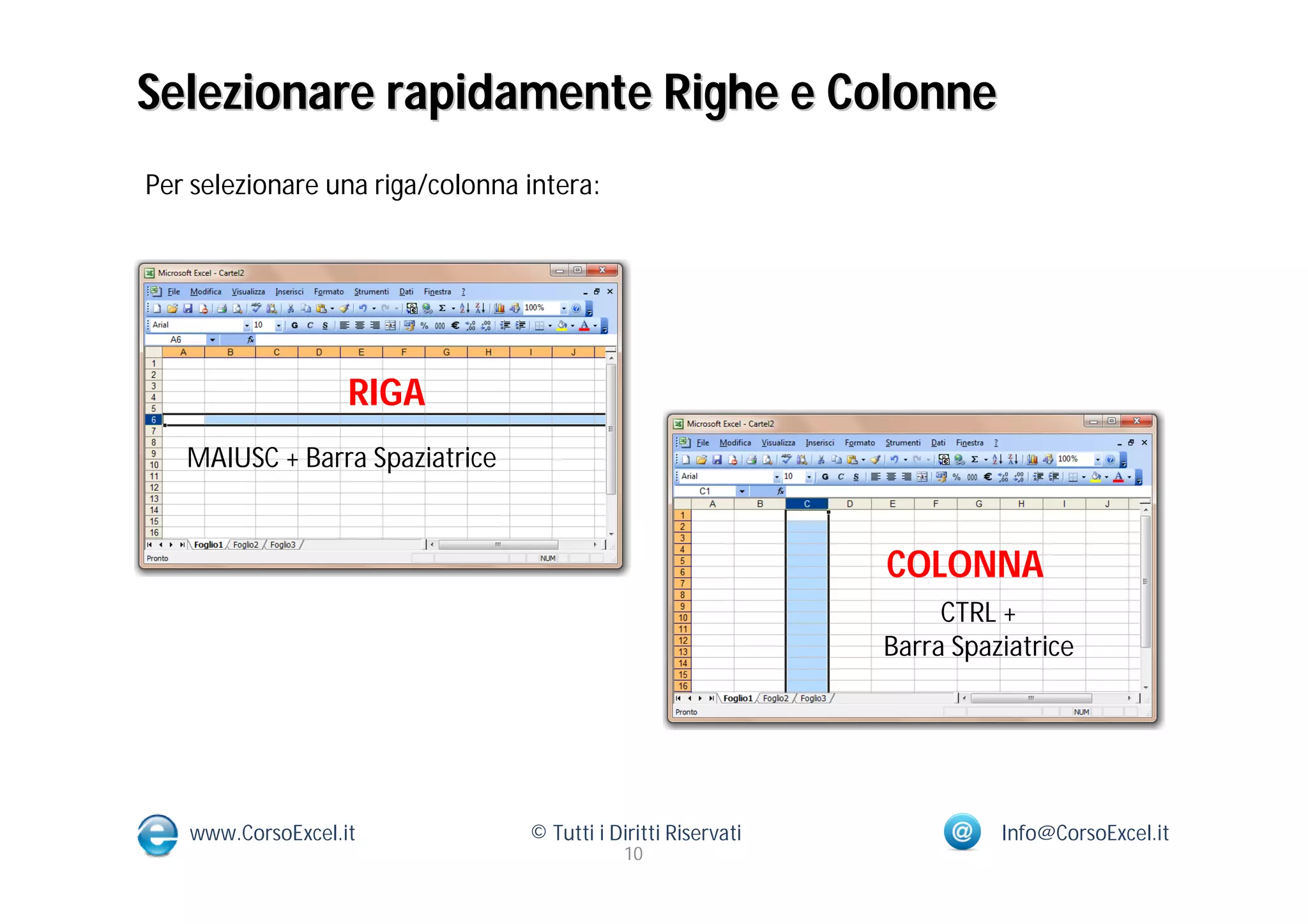 Selezionare rapidamente Righe e Colonne
Per selezionare una riga/colonna intera:




                   RIGA
   MAIUSC + Barra Spaziatrice


                                                               COLONNA
                                                                    CTRL +
                                                               Barra Spaziatrice




   www.CorsoExcel.it             © Tutti i Diritti Riservati             Info@CorsoExcel.it
                                             10
 