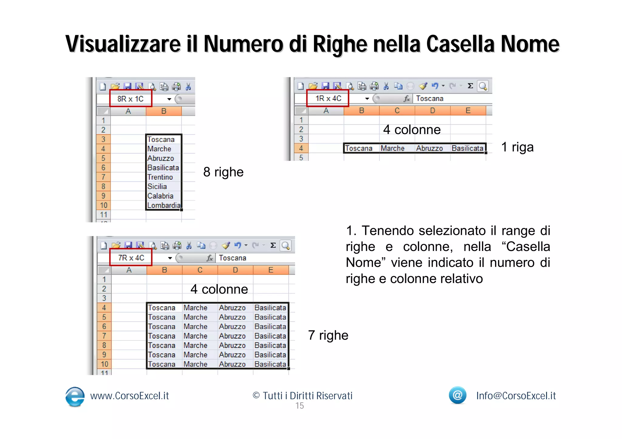 Visualizzare il Numero di Righe nella Casella Nome


                                                                 4 colonne
                                                                                     1 riga
                       8 righe



                                                           1. Tenendo selezionato il range di
                                                           righe e colonne, nella “Casella
                                                           Nome” viene indicato il numero di
                                                           righe e colonne relativo
                      4 colonne


                                                  7 righe



  www.CorsoExcel.it               © Tutti i Diritti Riservati                   Info@CorsoExcel.it
                                             15
 