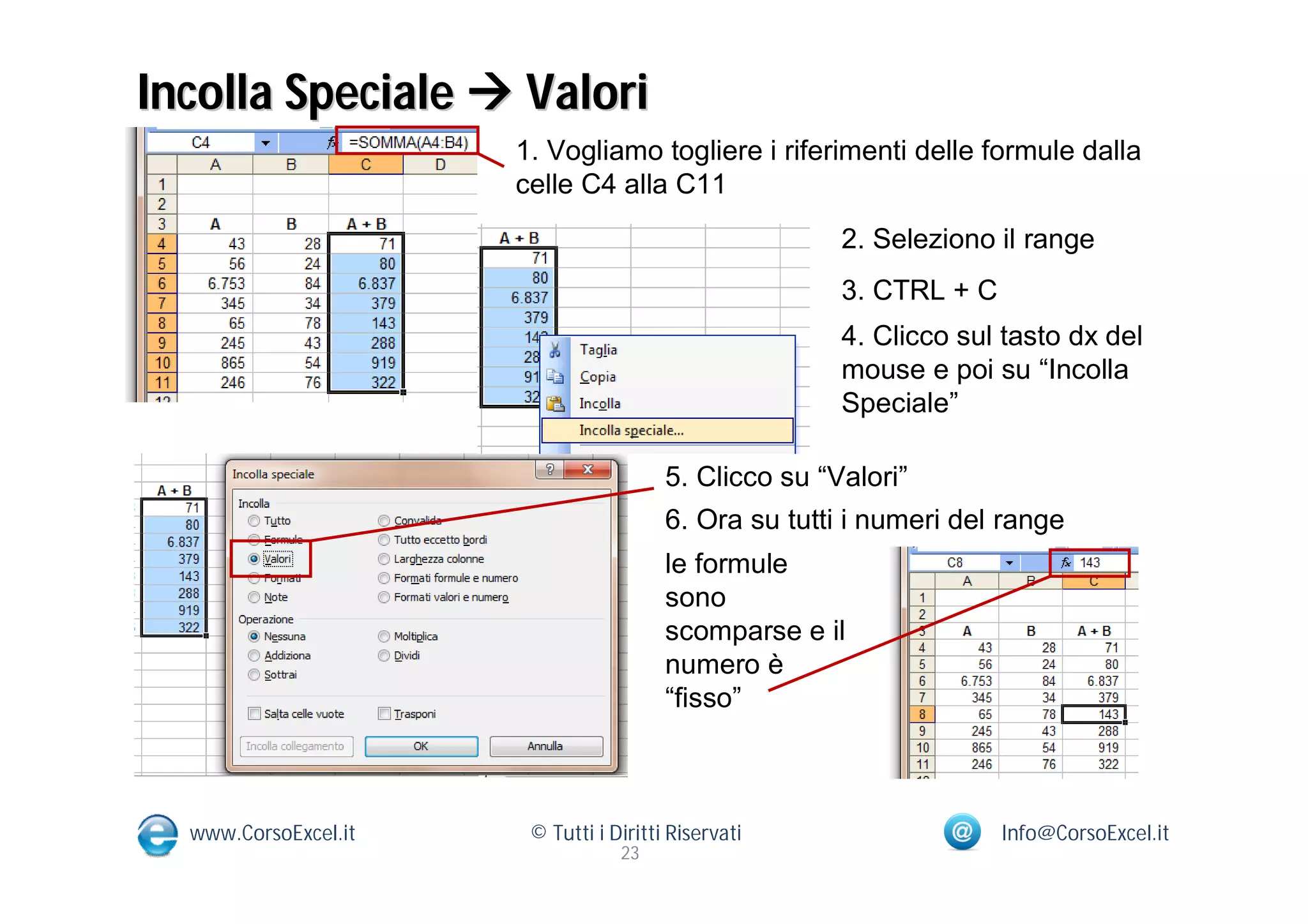 Incolla Speciale  Valori
                      1. Vogliamo togliere i riferimenti delle formule dalla
                      celle C4 alla C11
                                                       2. Seleziono il range
                                                       3. CTRL + C
                                                       4. Clicco sul tasto dx del
                                                       mouse e poi su “Incolla
                                                       Speciale”

                                        5. Clicco su “Valori”
                                        6. Ora su tutti i numeri del range
                                        le formule
                                        sono
                                        scomparse e il
                                        numero è
                                        “fisso”



  www.CorsoExcel.it    © Tutti i Diritti Riservati                   Info@CorsoExcel.it
                                  23
 