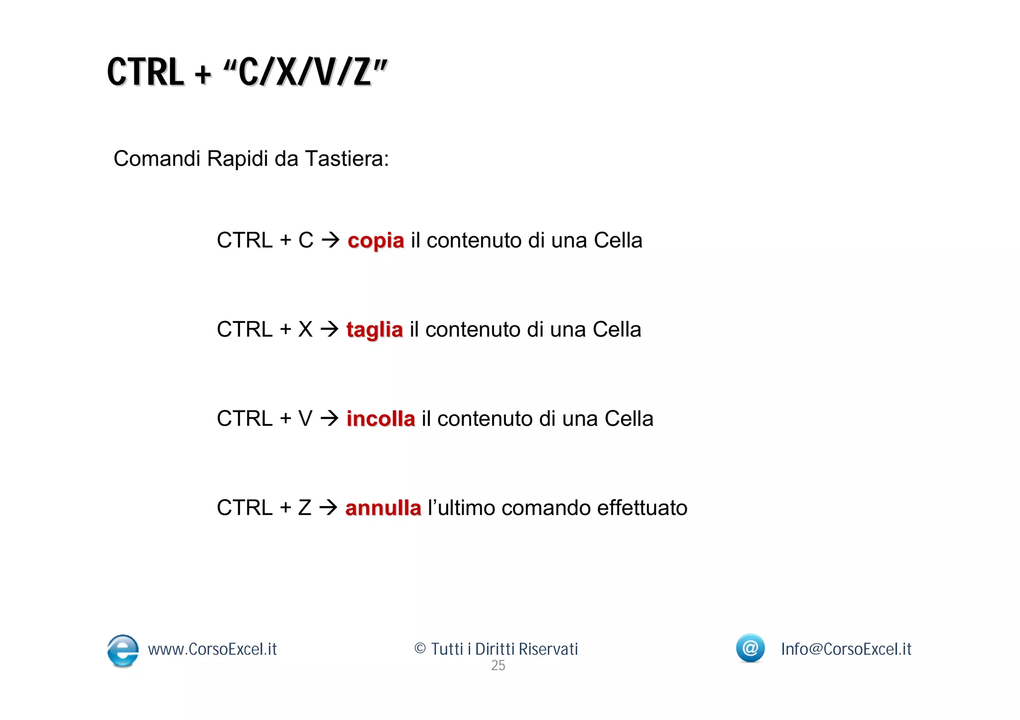 CTRL + “C/X/V/Z”

Comandi Rapidi da Tastiera:


            CTRL + C  copia il contenuto di una Cella



            CTRL + X  taglia il contenuto di una Cella



            CTRL + V  incolla il contenuto di una Cella



            CTRL + Z  annulla l’ultimo comando effettuato




   www.CorsoExcel.it           © Tutti i Diritti Riservati   Info@CorsoExcel.it
                                           25
 
