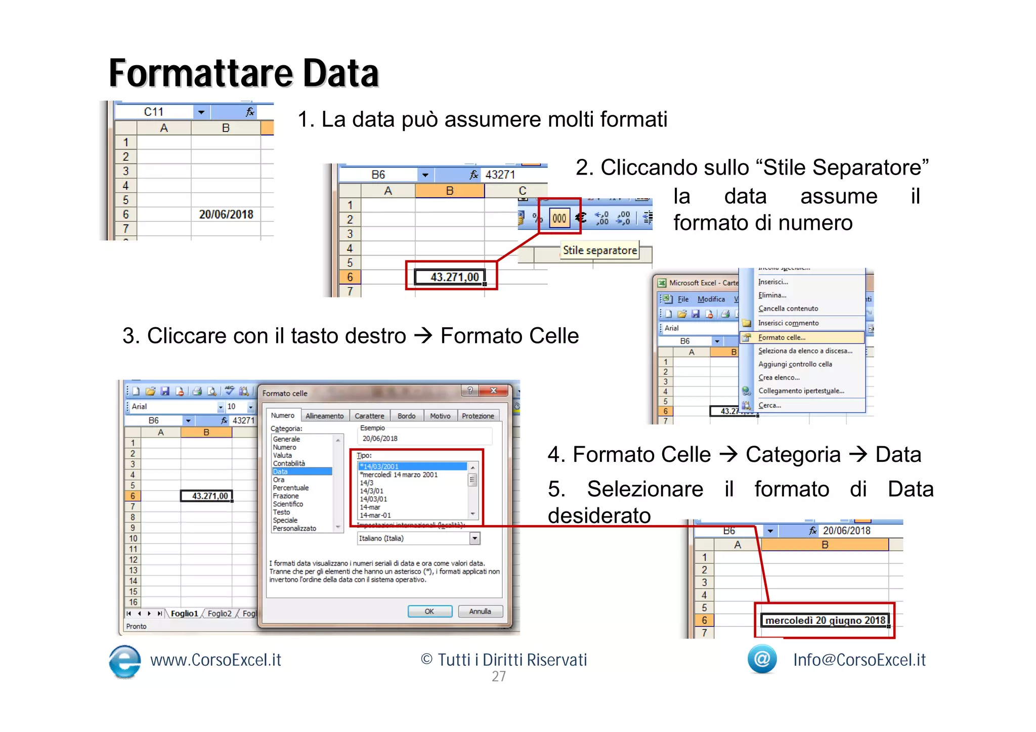 Formattare Data
                      1. La data può assumere molti formati

                                                           2. Cliccando sullo “Stile Separatore”
                                                                     la   data assume il
                                                                     formato di numero




3. Cliccare con il tasto destro  Formato Celle




                                                      4. Formato Celle  Categoria  Data
                                                      5. Selezionare il formato di Data
                                                      desiderato




  www.CorsoExcel.it               © Tutti i Diritti Riservati                    Info@CorsoExcel.it
                                             27
 