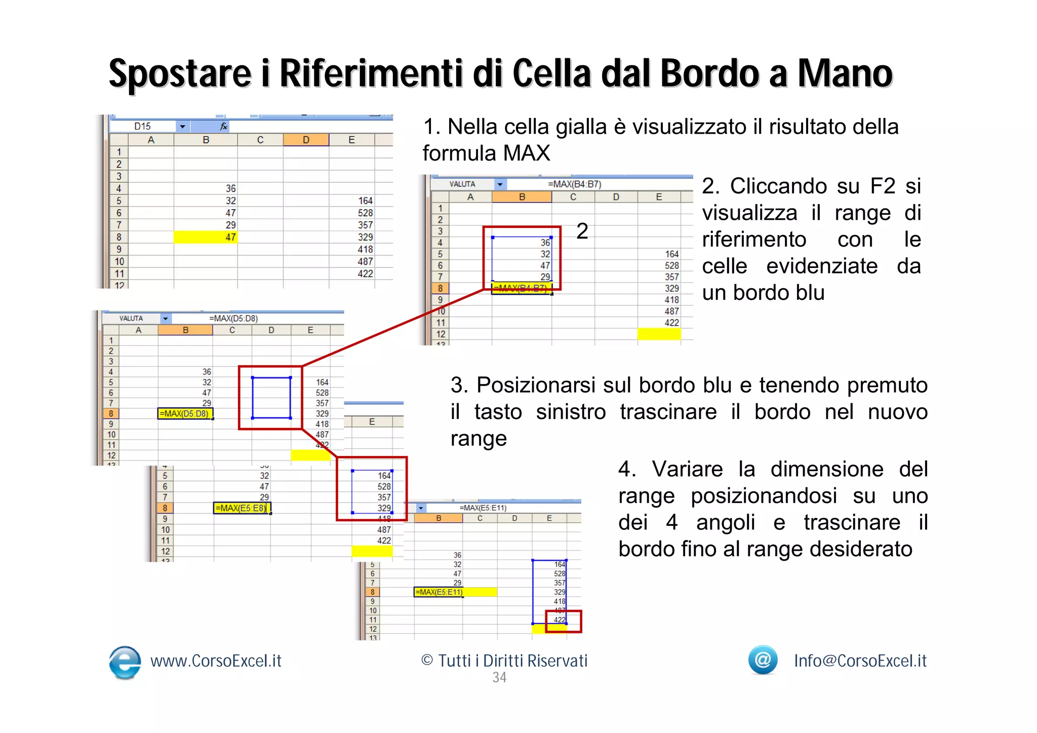 Spostare i Riferimenti di Cella dal Bordo a Mano
                      1. Nella cella gialla è visualizzato il risultato della
                      formula MAX
                                                      2. Cliccando su F2 si
                                                      visualizza il range di
                                       2              riferimento con le
                                                      celle evidenziate da
                                                      un bordo blu



                          3. Posizionarsi sul bordo blu e tenendo premuto
                          il tasto sinistro trascinare il bordo nel nuovo
                          range
                                            4. Variare la dimensione del
                                            range posizionandosi su uno
                                            dei 4 angoli e trascinare il
                                            bordo fino al range desiderato



  www.CorsoExcel.it   © Tutti i Diritti Riservati             Info@CorsoExcel.it
                                 34
 