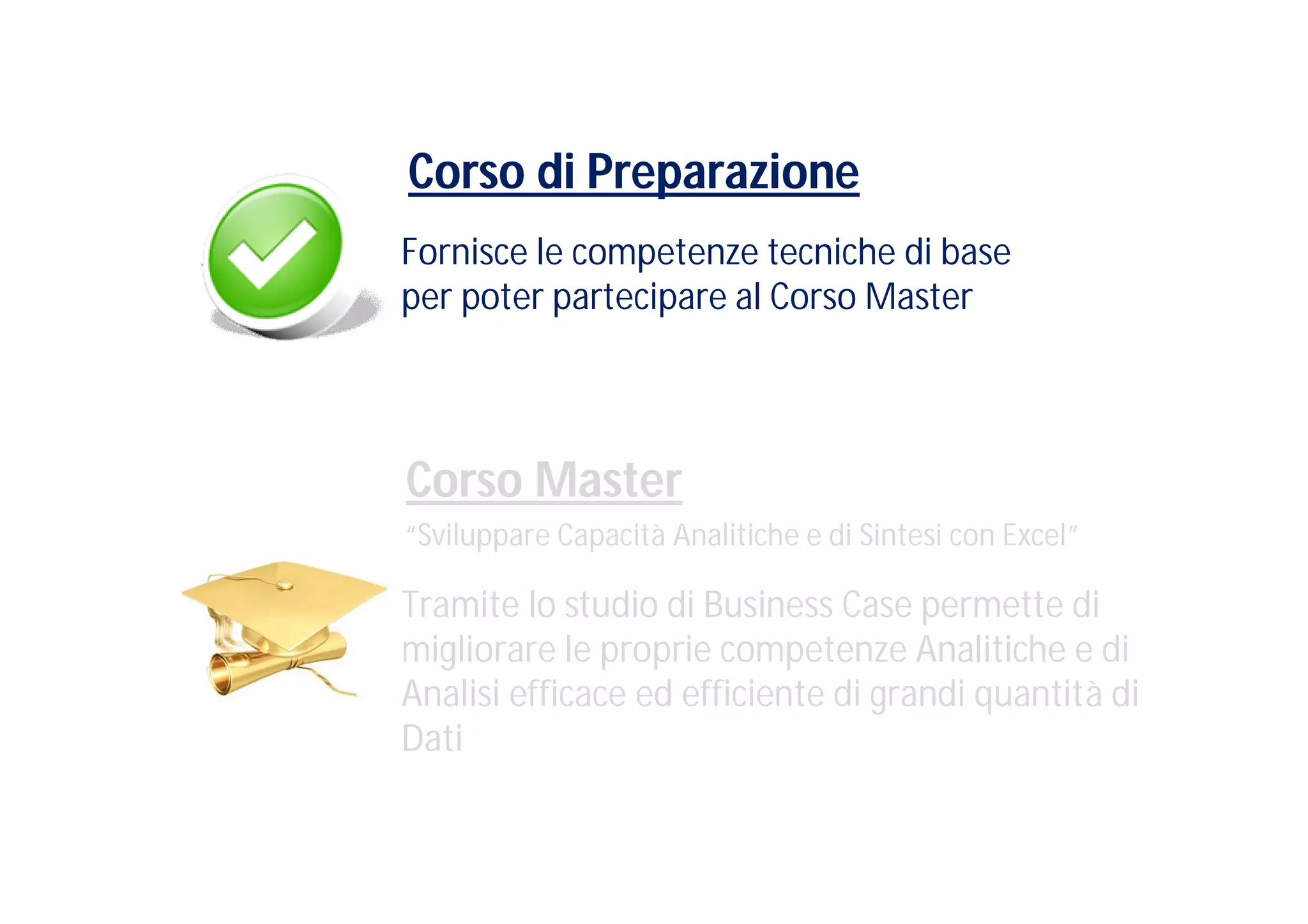 Corso di Preparazione
Fornisce le competenze tecniche di base
per poter partecipare al Corso Master




Corso Master
“Sviluppare Capacità Analitiche e di Sintesi con Excel”

Tramite lo studio di Business Case permette di
migliorare le proprie competenze Analitiche e di
Analisi efficace ed efficiente di grandi quantità di
Dati
 