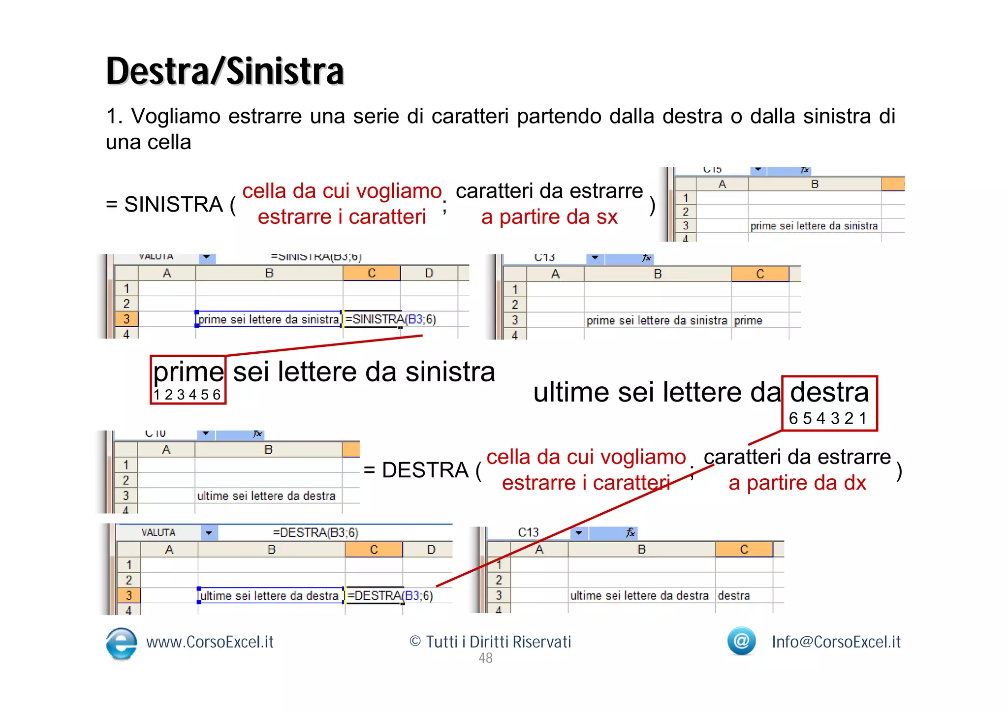 Destra/Sinistra
1. Vogliamo estrarre una serie di caratteri partendo dalla destra o dalla sinistra di
una cella

                cella da cui vogliamo caratteri da estrarre
= SINISTRA (                          ;                     )
                 estrarre i caratteri   a partire da sx




     prime sei lettere da sinistra
     123456                                           ultime sei lettere da destra
                                                                              654321

                                              cella da cui vogliamo caratteri da estrarre
                             = DESTRA (                             ;                     )
                                               estrarre i caratteri   a partire da dx




    www.CorsoExcel.it             © Tutti i Diritti Riservati               Info@CorsoExcel.it
                                             48
 