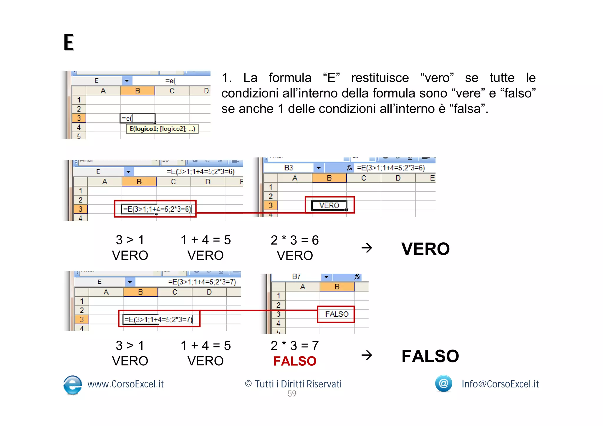E
                            1. La formula “E” restituisce “vero” se tutte le
                            condizioni all’interno della formula sono “vere” e “falso”
                            se anche 1 delle condizioni all’interno è “falsa”.




         3>1            1+4=5          2*3=6
                                                                 VERO
         VERO            VERO           VERO




         3>1            1+4=5          2*3=7
         VERO            VERO          FALSO                     FALSO
    www.CorsoExcel.it           © Tutti i Diritti Riservati               Info@CorsoExcel.it
                                            59
 