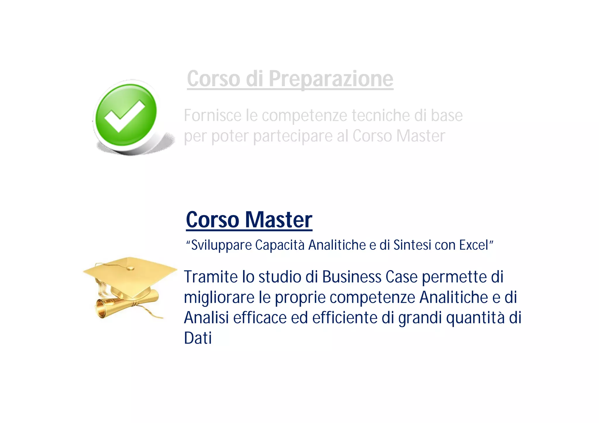 Corso di Preparazione
Fornisce le competenze tecniche di base
per poter partecipare al Corso Master




Corso Master
“Sviluppare Capacità Analitiche e di Sintesi con Excel”

Tramite lo studio di Business Case permette di
migliorare le proprie competenze Analitiche e di
Analisi efficace ed efficiente di grandi quantità di
Dati
 