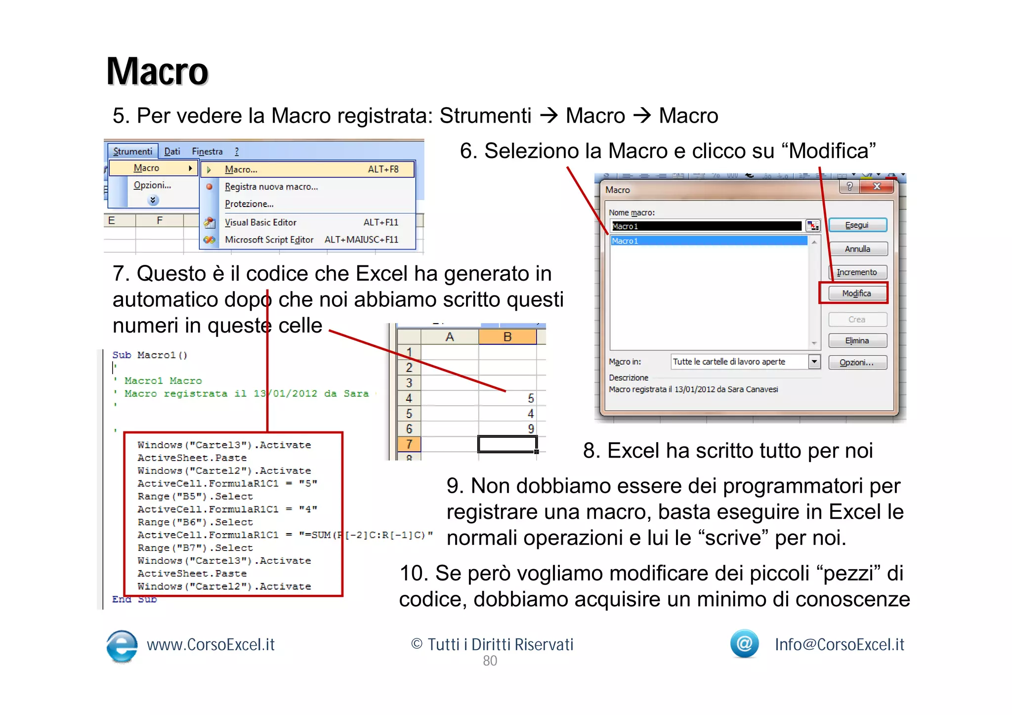 Macro
5. Per vedere la Macro registrata: Strumenti  Macro  Macro
                                      6. Seleziono la Macro e clicco su “Modifica”




7. Questo è il codice che Excel ha generato in
automatico dopo che noi abbiamo scritto questi
numeri in queste celle




                                                            8. Excel ha scritto tutto per noi
                                    9. Non dobbiamo essere dei programmatori per
                                    registrare una macro, basta eseguire in Excel le
                                    normali operazioni e lui le “scrive” per noi.
                             10. Se però vogliamo modificare dei piccoli “pezzi” di
                             codice, dobbiamo acquisire un minimo di conoscenze

   www.CorsoExcel.it          © Tutti i Diritti Riservati                        Info@CorsoExcel.it
                                          80
 