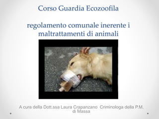 Corso Guardia Ecozoofila
regolamento comunale inerente i
maltrattamenti di animali
A cura della Dott.ssa Laura Crapanzano Criminologa della P.M.
di Massa
 