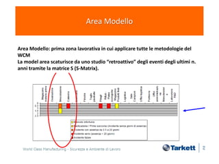 Area Modello
Area Modello: prima zona lavorativa in cui applicare tutte le metodologie del
WCM
La model area scaturisce da uno studio “retroattivo” degli eventi degli ultimi n.
anni tramite la matrice S (S-Matrix).
 