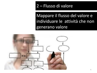 Mappare il flusso del valore e
individuare le attività che non
generano valore
2 – Flusso di valore
8
 