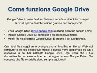 Come funziona Google Drive
Google Drive ti consente di archiviare e accedere ai tuoi file ovunque.
5 GB di spazio di archiviazione gratuito non sono pochi!
• Vai a Google Drive (drive.google.com) o accedi dalla tua casella email.
• Installa Google Drive sul computer o sul dispositivo mobile.
• Metti i file nella cartella Google Drive. È proprio lì sul tuo desktop.
Ora i tuoi file ti seguiranno ovunque andrai. Modifica un file sul Web, sul
computer o sul tuo dispositivo mobile e questo verrà aggiornato su tutti i
dispositivi in cui hai installato Google Drive. Ogni volta che il tuo
dispositivo ha accesso a Internet, si aggiorna con Google Drive. Ciò
consente che file e cartelle siano sempre aggiornati.

 