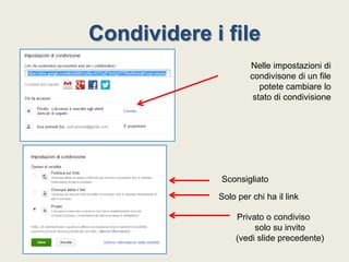 Condividere i file
Nelle impostazioni di
condivisone di un file
potete cambiare lo
stato di condivisione

Sconsigliato
Solo per chi ha il link
Privato o condiviso
solo su invito
(vedi slide precedente)

 