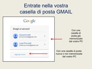 Entrate nella vostra
casella di posta GMAIL

Con una
casella di
posta già
memorizzata
dal vostro PC

Con una casella di posta
nuova o non memorizzata
dal vostro PC

 