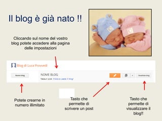 Il blog è già nato !!
Cliccando sul nome del vostro
blog potete accedere alla pagina
delle impostazioni

Potete crearne in
numero illimitato

Tasto che
permette di
scrivere un post

Tasto che
permette di
visualizzare il
blog!!

 