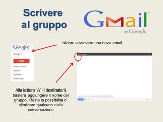 Scrivere
al gruppo
Iniziare a scrivere una nova email

Alla lettera “A” (i destinatari)
basterà aggiungere il nome del
gruppo. Resta la possibilità di
eliminare qualcuno dalla
conversazione

 