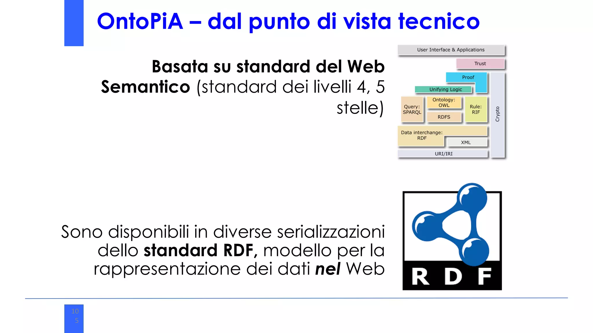 10
5
10
5
OntoPiA – dal punto di vista tecnico
Basata su standard del Web
Semantico (standard dei livelli 4, 5
stelle)
Sono disponibili in diverse serializzazioni
dello standard RDF, modello per la
rappresentazione dei dati nel Web
 