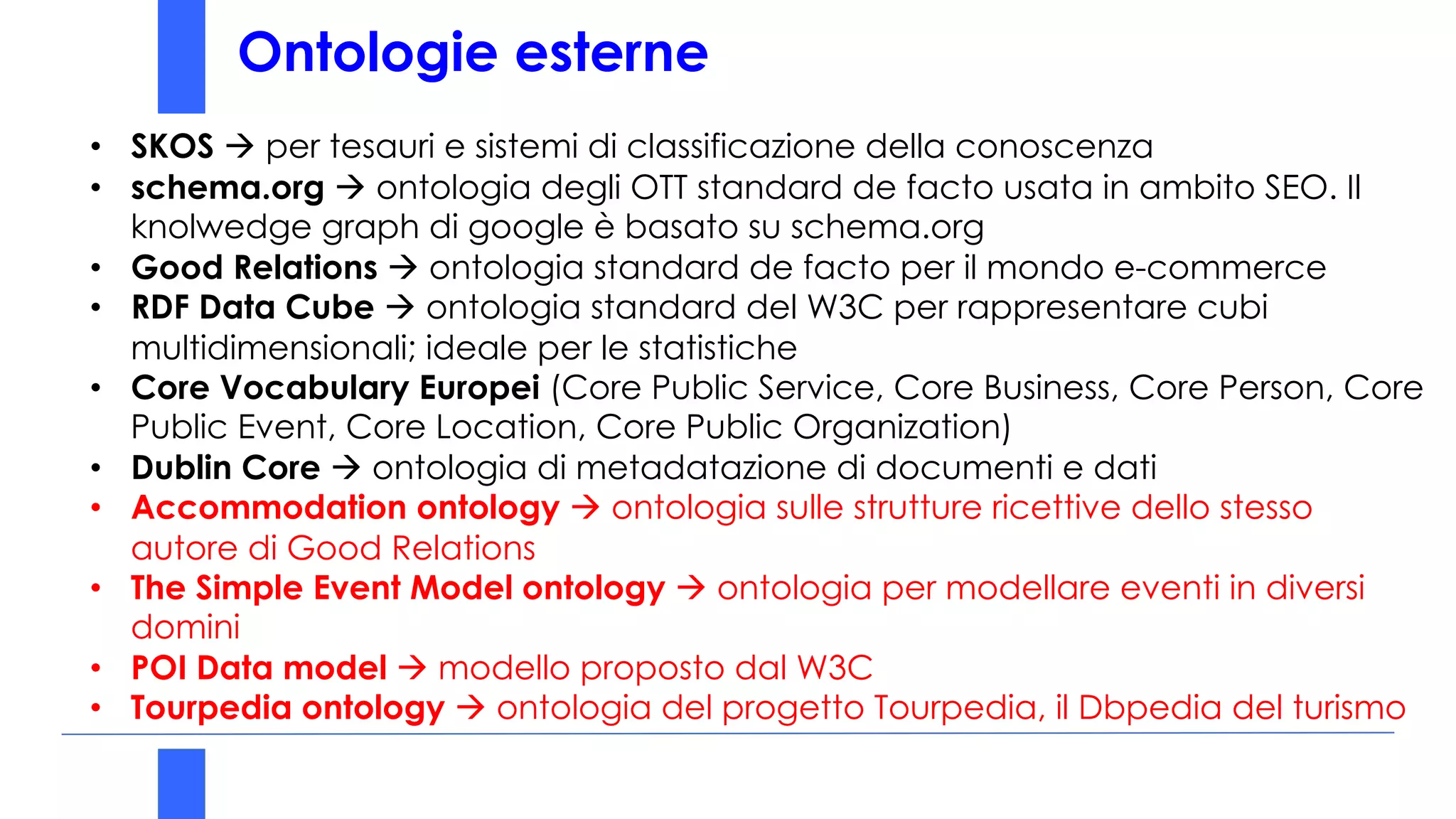 Ontologie esterne
• SKOS à per tesauri e sistemi di classificazione della conoscenza
• schema.org à ontologia degli OTT standard de facto usata in ambito SEO. Il
knolwedge graph di google è basato su schema.org
• Good Relations à ontologia standard de facto per il mondo e-commerce
• RDF Data Cube à ontologia standard del W3C per rappresentare cubi
multidimensionali; ideale per le statistiche
• Core Vocabulary Europei (Core Public Service, Core Business, Core Person, Core
Public Event, Core Location, Core Public Organization)
• Dublin Core à ontologia di metadatazione di documenti e dati
• Accommodation ontology à ontologia sulle strutture ricettive dello stesso
autore di Good Relations
• The Simple Event Model ontology à ontologia per modellare eventi in diversi
domini
• POI Data model à modello proposto dal W3C
• Tourpedia ontology à ontologia del progetto Tourpedia, il Dbpedia del turismo
 