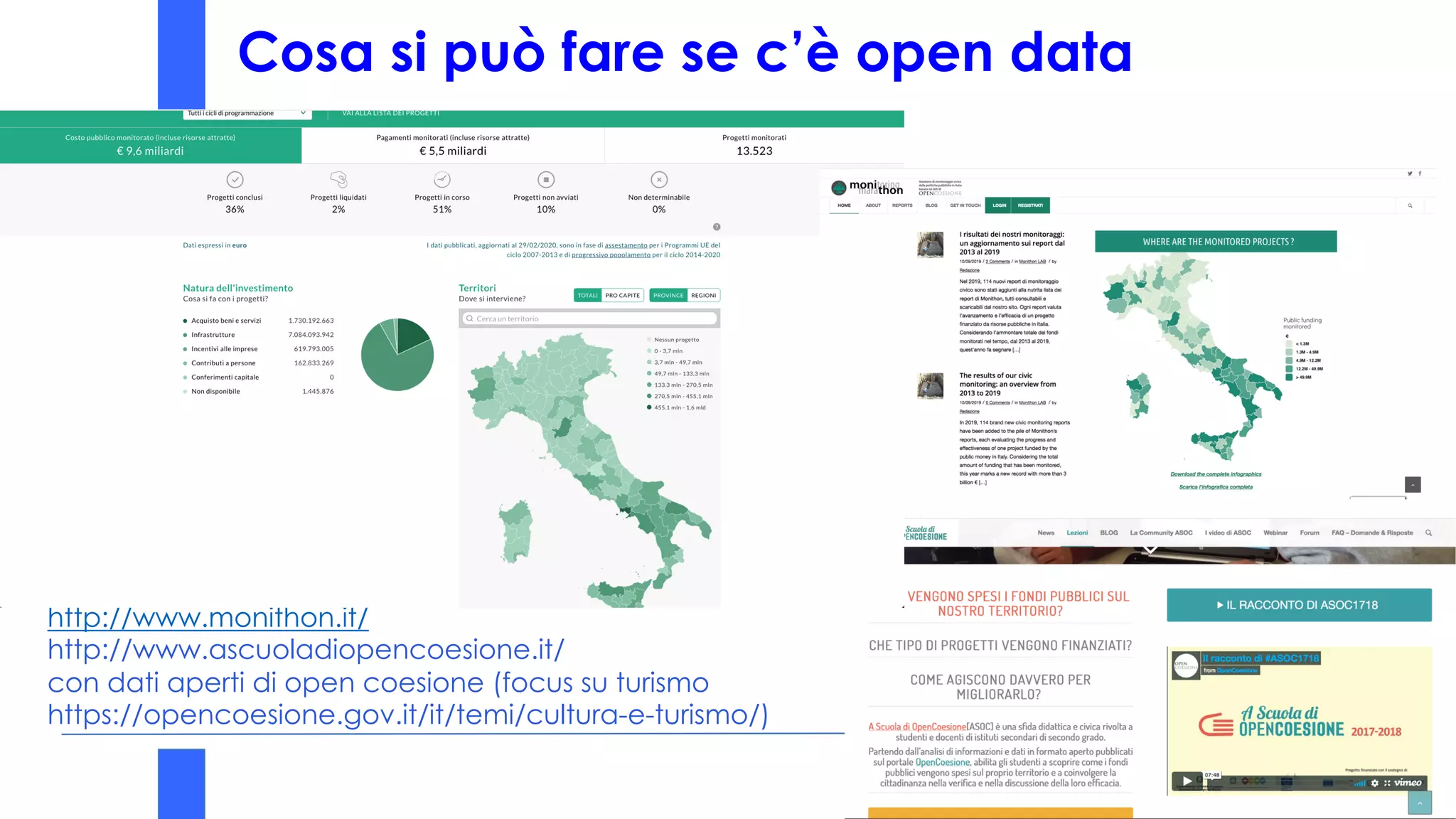 Cosa si può fare se c’è open data
15
http://www.monithon.it/
http://www.ascuoladiopencoesione.it/
con dati aperti di open coesione (focus su turismo
https://opencoesione.gov.it/it/temi/cultura-e-turismo/)
 