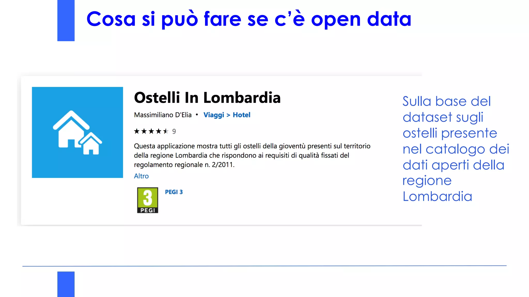 Cosa si può fare se c’è open data
Sulla base del
dataset sugli
ostelli presente
nel catalogo dei
dati aperti della
regione
Lombardia
 