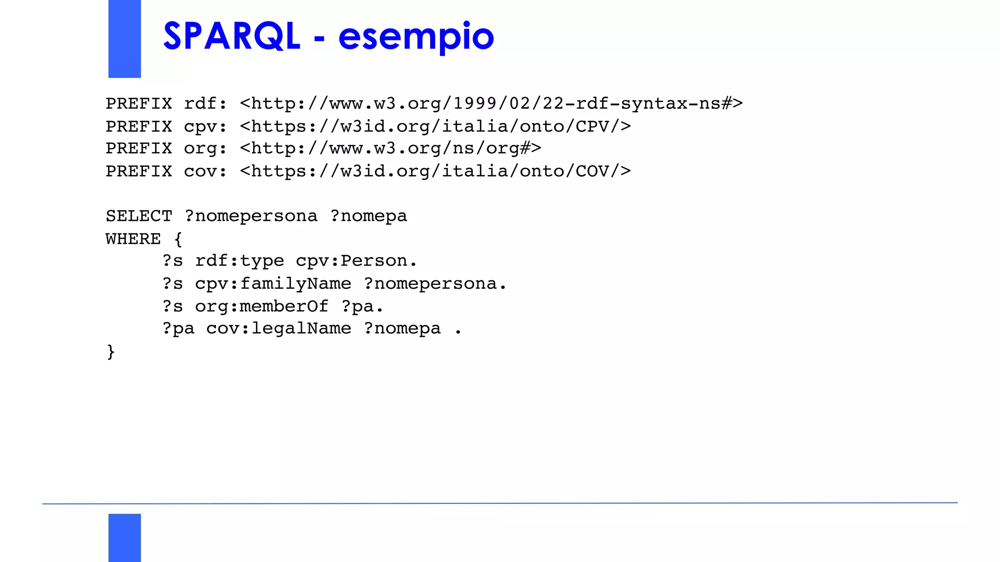 SPARQL - esempio
PREFIX rdf: <http://www.w3.org/1999/02/22-rdf-syntax-ns#>
PREFIX cpv: <https://w3id.org/italia/onto/CPV/>
PREFIX org: <http://www.w3.org/ns/org#>
PREFIX cov: <https://w3id.org/italia/onto/COV/>
SELECT ?nomepersona ?nomepa
WHERE {
?s rdf:type cpv:Person.
?s cpv:familyName ?nomepersona.
?s org:memberOf ?pa.
?pa cov:legalName ?nomepa .
}
 