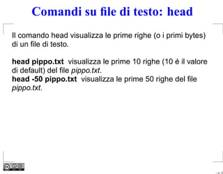 Comandi su ﬁle di testo: head
Il comando head visualizza le prime righe (o i primi bytes)
di un ﬁle di testo.

head pippo.txt visualizza le prime 10 righe (10 é il valore
di default) del ﬁle pippo.txt.
head -50 pippo.txt visualizza le prime 50 righe del ﬁle
pippo.txt.




                                                              – p. 10
 