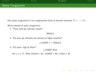 Introduzione Ontologie Interrogazioni Vocabolari 
Ontologie - Esempio 
Riportiamo un esempio di ontologia. Siano HumanBeing;Mortal 2 NC , 
teacherOf 2 NP, Socrate; Platone 2 NI . 
Mediante reasoning e possibile esplicitare ulteriori aermazioni. 
O = fHumanBeing v Mortal; O0 = fMortal(Socrate); 
range(teacherOf ) v HumanBeing; =) 
HumanBeing(Socrate); g 
Socrate teacherOf Platoneg 
 